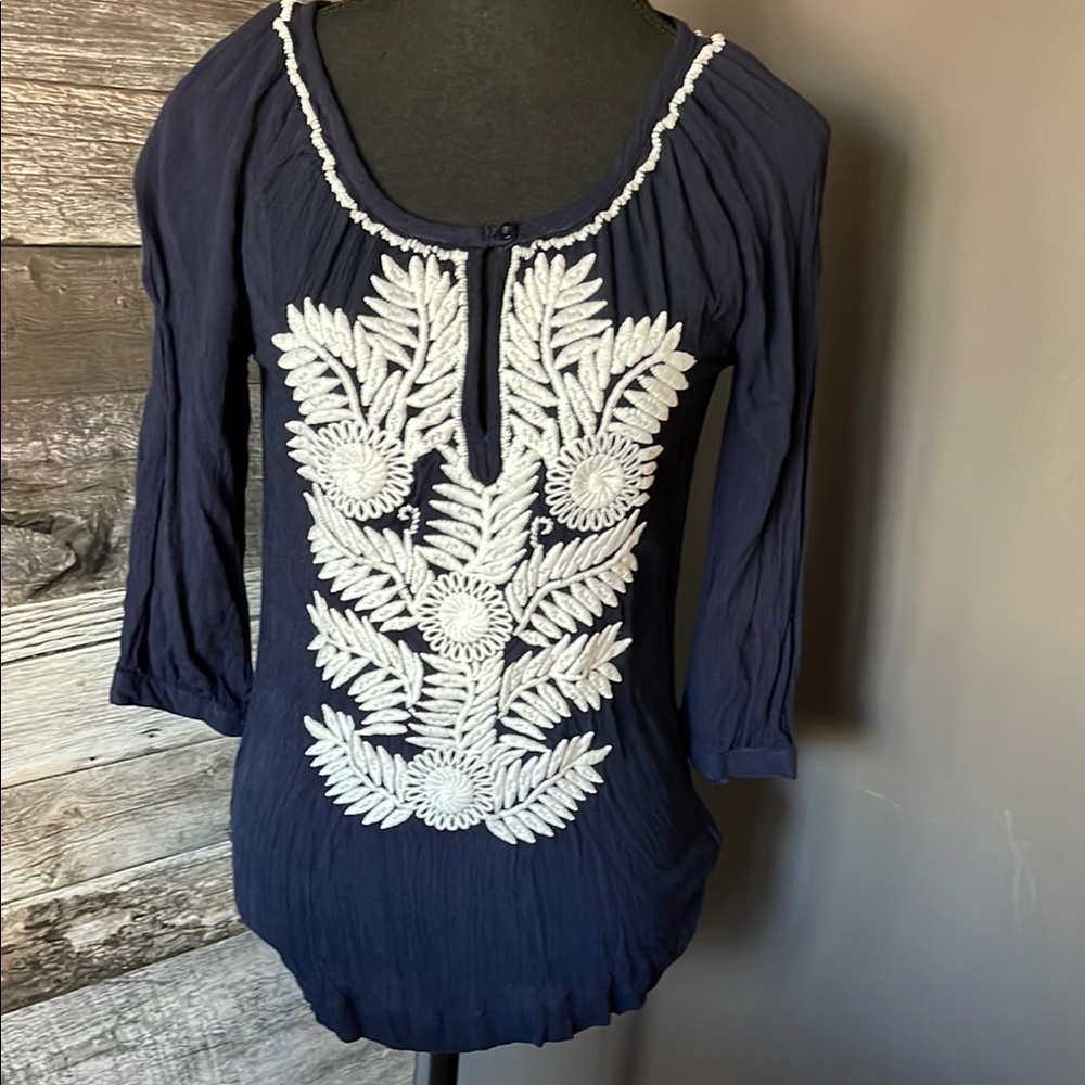 Navy Blue Embroidered Women's Top